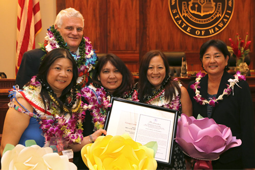 Chief Justice Mark E. Recktenwald, Tracy Chan, Myrna Fong, Noreen Miyasato, Judge Lisa Ginoza at the 09/22/2017 Judiciary Statewide Incentive Awards.