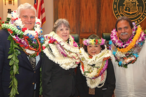 Chief Justice Mark E. Recktenwald, First Circuit Judge Virginia Lea Crandall, Iris Murayama, Hawaii State Judiciary Deputy Administrative Director of the Courts; and Colin Rodrigues, Deputy Chief Court Administrator, Second Circuit (Maui, Molokai, Lanai), at the 09/22/2017 Judiciary Statewide Incentive Awards.