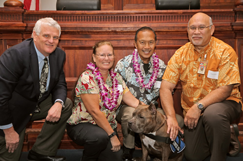 Chief Justice Mark Recktenwald, Deborah & Leonard Chong, therapy dog Pohaku, Administrative Director of the Courts Rodney Maile, 09-29-2017 Volunteer Recognition Ceremony.