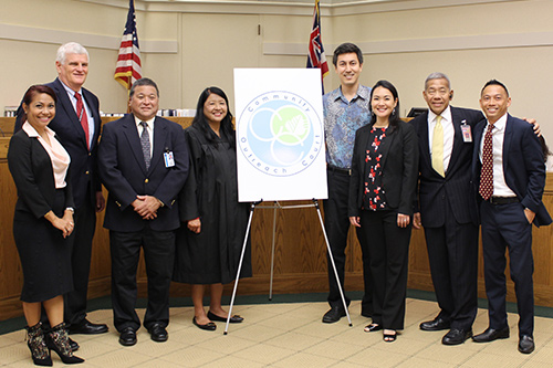 Community Outreach Court opens at Kaneohe District Court 06/10/2019. Dep. Public Defender Merlinda Garma, Chief Justice Mark Recktenwald, State Public Defender Jack Tonaki, Judge Darolyn Lendio, State Rep. Scot Matayoshi, State Rep. Lisa Kitagawa, Deputy Chief Court Admin. Calvin Ching, Deputy Prosecuting Attorney Mark Tom (Photo courtesy of Kiona Esteban, Rep. Matayoshi’s Office).