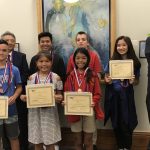 Student winners of the Third Circuit Law Day 2019 Poster Contest with Third Circuit Family Court Judge Darien W. L. Ching Nagata, Third Circuit Chief Judge Greg K. Nakamura, and Hawaiʻi Supreme Court Chief Justice Mark E. Recktenwald, 05/20/2019.