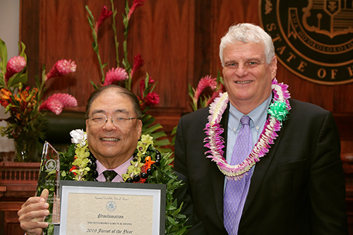 First Circuit Court Judge Gary W.B. Chang and Hawaii Supreme Court Chief Justice Mark E. Recktenwald in the Supreme Court courtroom, 09/30/2019.