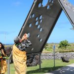 Kahu Danny Akaka, Jr., and daughter, Kalei, bless the Creating Kamaʻāaina sculpture by Matthew Salenger, 10-01-2019.