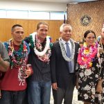 Judge Melvin H. Fujino in his courtroom at the Keahuolu Courthouse in Kona with six Big Island Drug Court graduates at the 49th graduation ceremony, October 7, 2019.