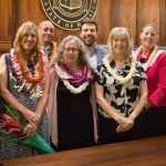 Hawaii Access to Justice Commission Chair Justice Simeon Acoba (ret.), attorney Christine Daleiden, attorney Gary Singh, attorney Denise George, attorney Wyatt Honse, attorney Barbara Ritchie, attorney Meredith Miller, and Hawaii Supreme Court Chief Justice Mark E. Recktenwald stand in front of the bench of the Hawaii Supreme Court courtroom at the annual Pro Bono Celebration, 10/24/2019.