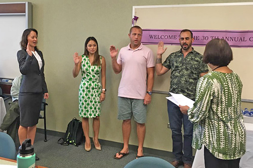 Mahealani Krafft, Mia Shiraishi, Michael Scarbo and Jared Brickey with Fifth Circuit Court Arbitration Judge Kathleen Watanabe at Kauai’s 30th Annual Court Annexed Arbitration Program (CAAP) Conference, September 27, 2019.