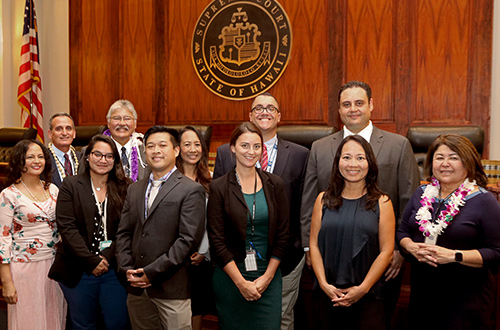 Drug Court staff and judges gathered in front of the Supreme Court courtroom at the 70th Oahu Drug Court Graduation Ceremony, 11/18/2019.