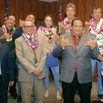 Second Circuit Chief Judge Richard T. Bissen, Jr. (back), Chief Judge Joseph E. Cardoza (ret.) (front), Judge Peter T. Cahill, and Drug Court Substance Abuse Counselor IV George K. Aiwohi, Jr., with graduates in the courtroom at Hoapili Hale for the 70th Maui Drug Court graduation, 02/20/2020.