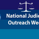 Banner with words "National Judicial Outreach Week" and the Hawaii State Judiciary seal, scales of justice image, and background of 4 stripes of different shades of blue.