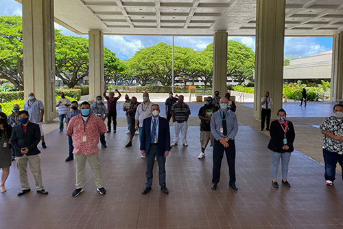 First Circuit Drug Court Judge Matthew J. Viola stands with Drug Court staff and 15 graduates at the 72nd Oahu Drug Court graduation ceremony on 06/15/2020 at the Kaahumanu Hale Courthouse Building. All stand six feet apart and are wearing masks.