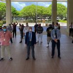 First Circuit Drug Court Judge Matthew J. Viola stands with Drug Court staff and 15 graduates at the 72nd Oahu Drug Court graduation ceremony on 06/15/2020 at the Kaahumanu Hale Courthouse Building. All stand six feet apart and are wearing masks.