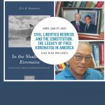 Photo collage featuring the cover of the book “In the Shadow of Korematsu: Democratic Liberties and National Security” by Eric K. Yamamoto.