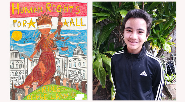 Drawing of Lady Justice and words “Human Rights for All – Rile of the Law” (left), photo of artist Aiden Lopes (right).