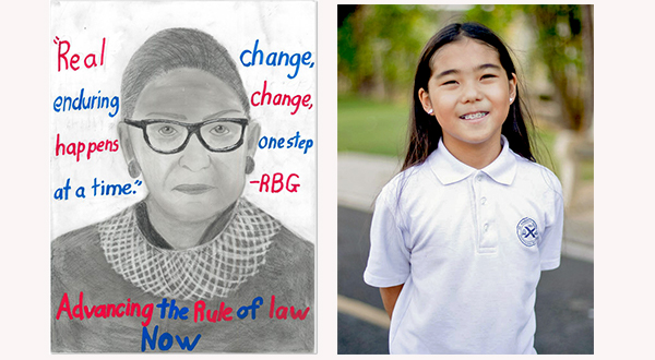 Drawing of Ruth Bader Ginsburg and words “Real change, enduring change, happens one step at a time. – RBG” (left), photo of artist Isabella Tomasa (right).
