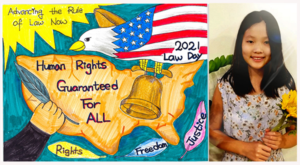 Drawing of the U.S. Mainland with the words “Human Rights Guaranteed For All” down the middle and an eagle decorated with stars and stripes flying over (left), photo of artist Julie Kang (right).