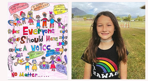 Drawing of a many people holding hands and words “Everyone Should Have A Voice No Mattter…” (left), photo of artist Psalm Handley (right).