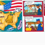 Drawing of the U.S. Mainland with the words “Human Rights Guaranteed For All” down the middle and an eagle decorated with stars and stripes flying over by artist Julie Kang (left), and drawing of three traffic stop scenes with drivers in their cars saying things to try to influence the police officer not to give them a ticket by artist Kiana Wysocki (right).