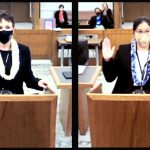 Judge Wendy M. DeWeese (left) and Kimberly B.M. Taniyama (right) take the oath of office administered by Chief Justice Mark Recktenwald, 12/02/21.