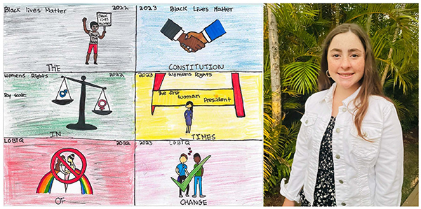 Split photo: Left: Layout of table, two columns, three rows, the left side cells showing representations of Black lives Matter, Women’s rights, and LGBTQ in 2022, and right side cells showing representations of the same issues improved in 2023. Right: Photo of artist Khloe Madison.