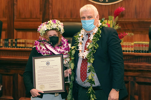 First Circuit Court Civil Administrative Judge Jeannette H. Castagnetti and Hawaii Supreme Court Chief Justice Mark E. Recktenwald in front of the Supreme Court courtroom bench, 09/23/2022.